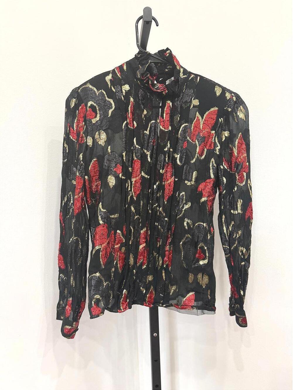 Lloyd Williams Size 4 Vintage Black Sheer Floral Blouse with Ruffle Neck